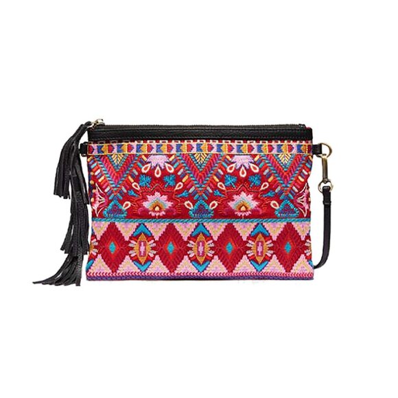 Johnny Was Laurell Fringe Floral Embroidery Bag Zip Handbag Black Pink Purse NEW - Picture 1 of 9